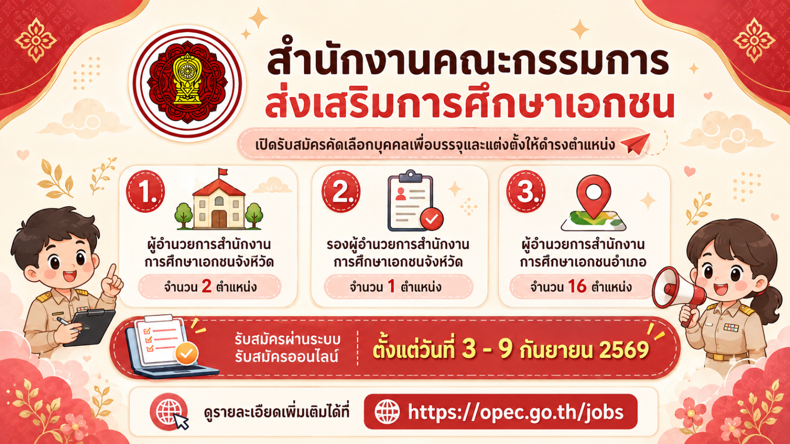 รับสมัครคัดเลือกบุคคลเพื่อบรรจุและแต่งตั้งให้ดำรงตำแหน่งผู้อำนวยการสำนักงานการศึกษาเอกชนอำเภอ รองผู้อำนวยการสำนักงานการศึกษาเอกชนจังหวัด และผู้อำนวยการสำนักงานการศึกษาเอกชนจังหวัด	สังกัดสำนักงานคณะกรรมการส่งเสริมการศึกษาเอกชน